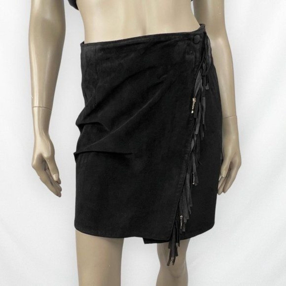 Vintage Black 100% Suede Leather with Fringe Skirt‎ Small